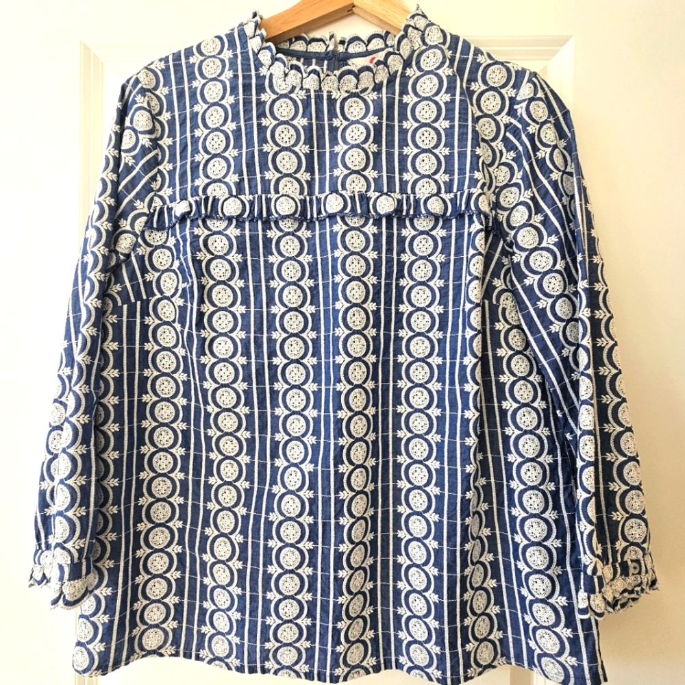 NWT Boden Boho Peasant Embroidered Top Sz 12 Blue White Boxy High Neck Bib Front